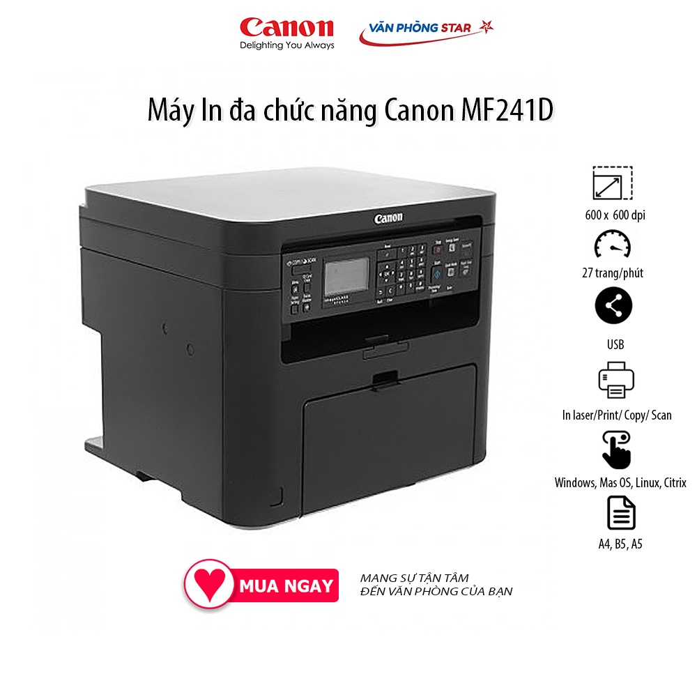 [Free ship] Máy In đa chức năng Canon MF241D copy, scan màu, in laser đảo mặt. Tốc độ 27 trang/phút, 1200 x 1200