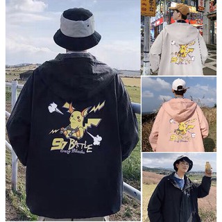 Áo khoác gió vải dù 2 lớp có nón pikachu unisex nam nữ