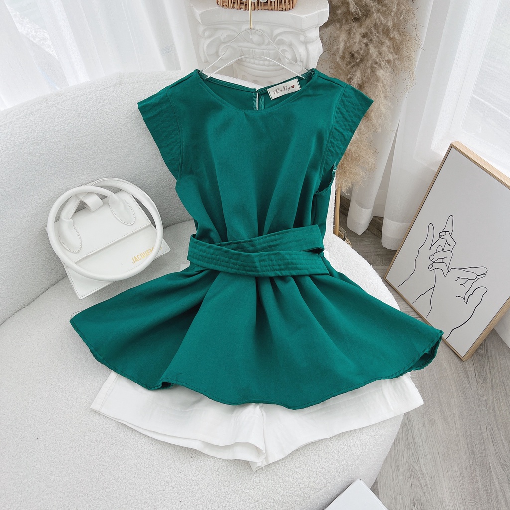 SET ÁO PEPLUM XANH THẮT EO + QUẦN SHORT TRẮNG