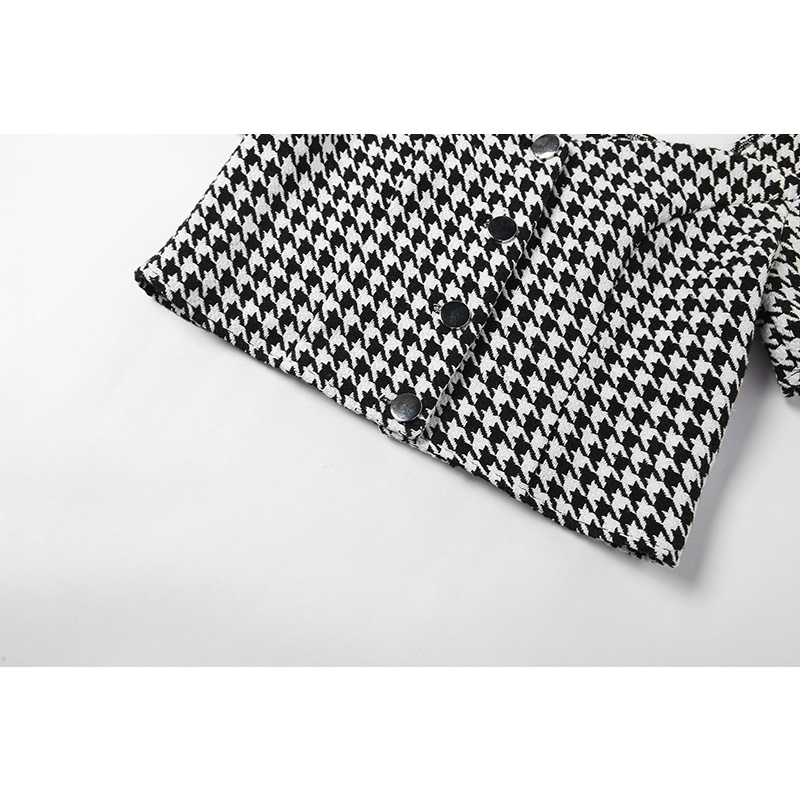 Áo Thun Ngắn Tay Cổ Vuông Phối Nút Họa Tiết Houndstooth Thời Trang Cho Nữ