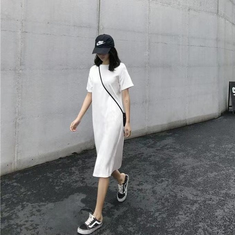 Đầm Tay Ngắn Dáng Rộng Dài Qua Gối Màu Trơn Thời Trang Mùa Hè