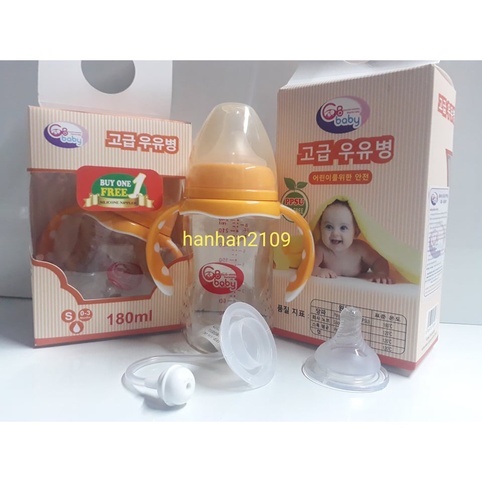 Bình sữa PPSU GB-BABY 240ml cổ rộng có tay cầm, ống hút