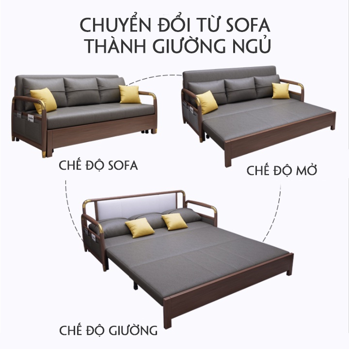 Giường sofa tay gỗ đa năng có hôc chứa đồ. Chất liệu khung thép tĩnh điện bọc vải nano chống thấm cao cấp