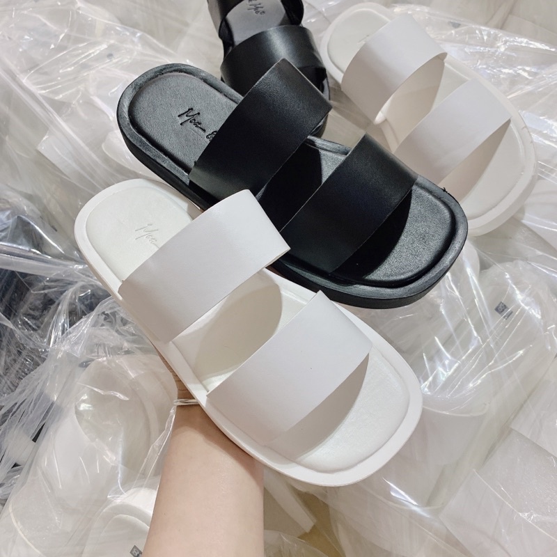 DÉP NỮ 2 QUAI TRƠN MÀU TRẮNG VÀ MÀU ĐEN MÕM VUÔNG ĐẾ CAO 2CM MẪU MỚI