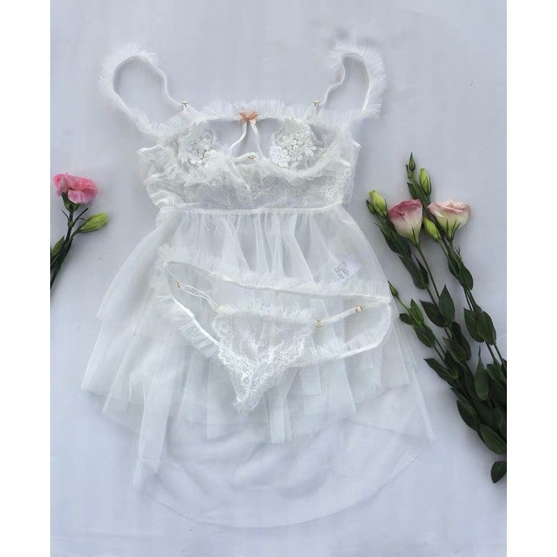 Váy Ngủ Hoa Voan Trắng Cao Cấp - Mini Dress Flower | Set Ngủ Gợi Cảm | Nội Y Sexy | BigBuy360 - bigbuy360.vn