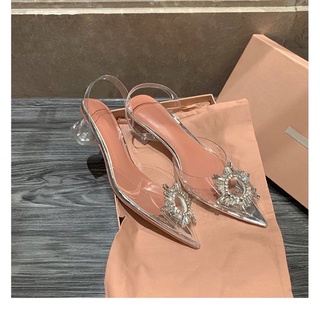  Guốc nữ cao gót 3 phân đế vuông mũi nhọn đính đá quai trong suốt sang chảnh 