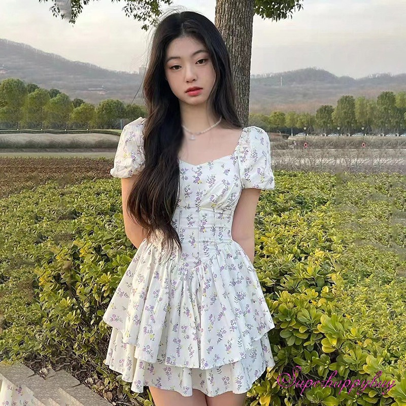 Đầm Tay Ngắn Phồng Cổ Vuông Dáng Ôm In Hoa Thời Trang Xinh Xắn Cho Nữ