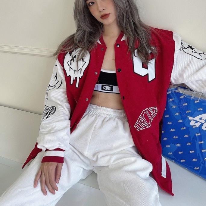 XẢ Áo khoác bomber jacket Varsity Nhung Tăm 2 lớp Red v4 Unisex Form rộng . áo khoác jacjer vasity nam nữ gonz