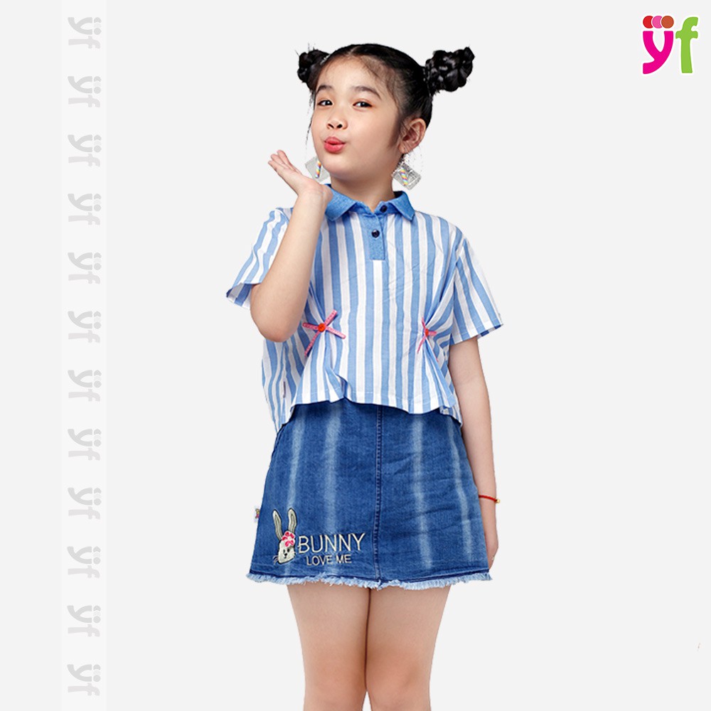 Áo kiểu bé gái YF thiết kế croptop phối cổ, 2 màu sọc xanh, hồng 9AX508