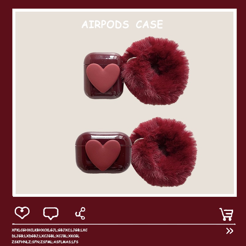 Plush Wine Red Love Heart compatible for Apple Airpods 1/2/3 Pro Case wireless bluetooth earphone Charging Cover