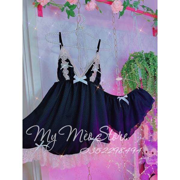 Đầm lụa đen phối ren kèm quần | BigBuy360 - bigbuy360.vn