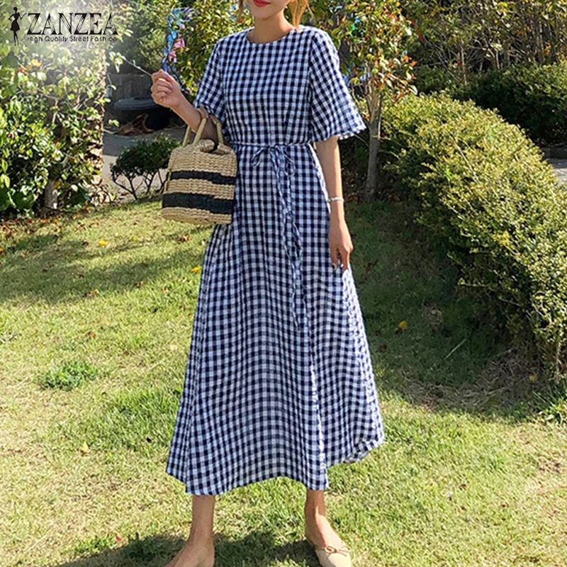 Đầm Maxi ZANZEA Tay Ngắn Dáng Rộng Hoạ Tiết Caro Phong Cách Thanh Lịch Thời Trang | BigBuy360 - bigbuy360.vn
