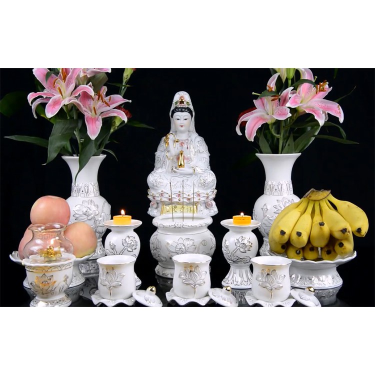 Bộ ly sành trắng hoa sen viền kim