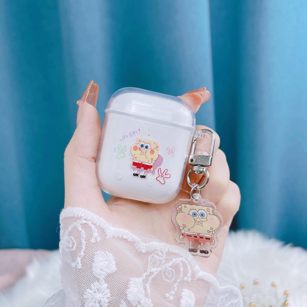 Vỏ Bảo Vệ Hộp Sạc Tai Nghe Bluetooth AirPods 1/2/3/Pro 2021 inPods i12 Bằng Tpu Mềm Trong Suốt Họa Tiết Hoạt Hình Spongebob
