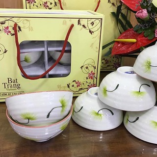 Bộ 10 bát cơm men kem vẽ hoa Bồ công anh. Miệng tròn đều, cầm đầm tay, chuẩn Bát Tràng