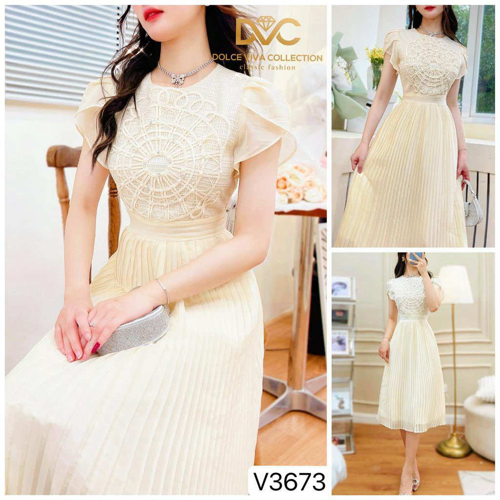 VÁY NỮ DÁNG DÀI, VÁY ĐI CHƠI BE XẾP LY PHỐI REN LƯỚI ĐÍNH NGỌC TIỂU THƯ V3673 - DVC