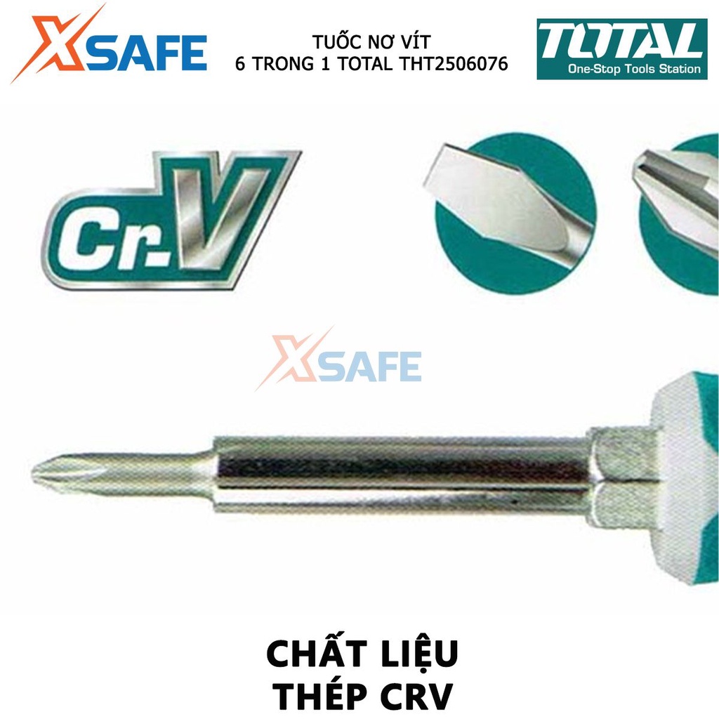 Bộ tuốc nơ vít 6 đầu TOTAL THT2506076 | Bộ tua vít kích thước 4 chi tiết 6.35*65mm, 8.00*75mm, PH1+SL5, PH2+SL6