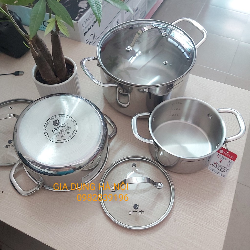 Bộ Nồi Chảo Inox ELMICH Trimax 3742 Đáy Liền Cao Cấp  18-20-26cm và chảo 26cm