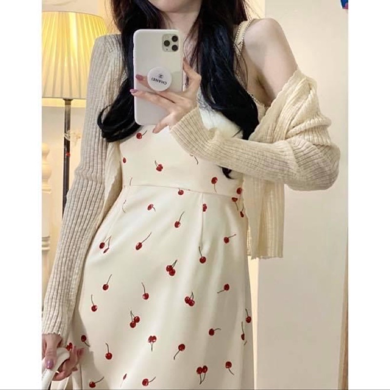 Đầm maxi hai dây kiểu nữ suông dài hoạ tiết cherry tiểu thư kèm áo khoác cardigan tay dài len - Order taobao quảng châu