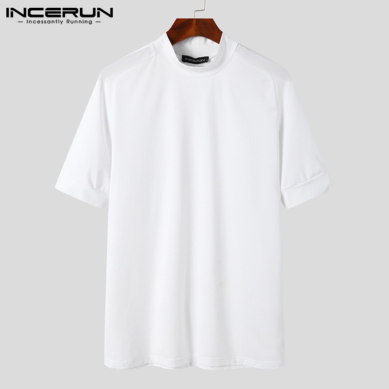 Áo thun INCERUN ngắn tay màu trơn phong cách đơn giản cho nam mặc thường ngày