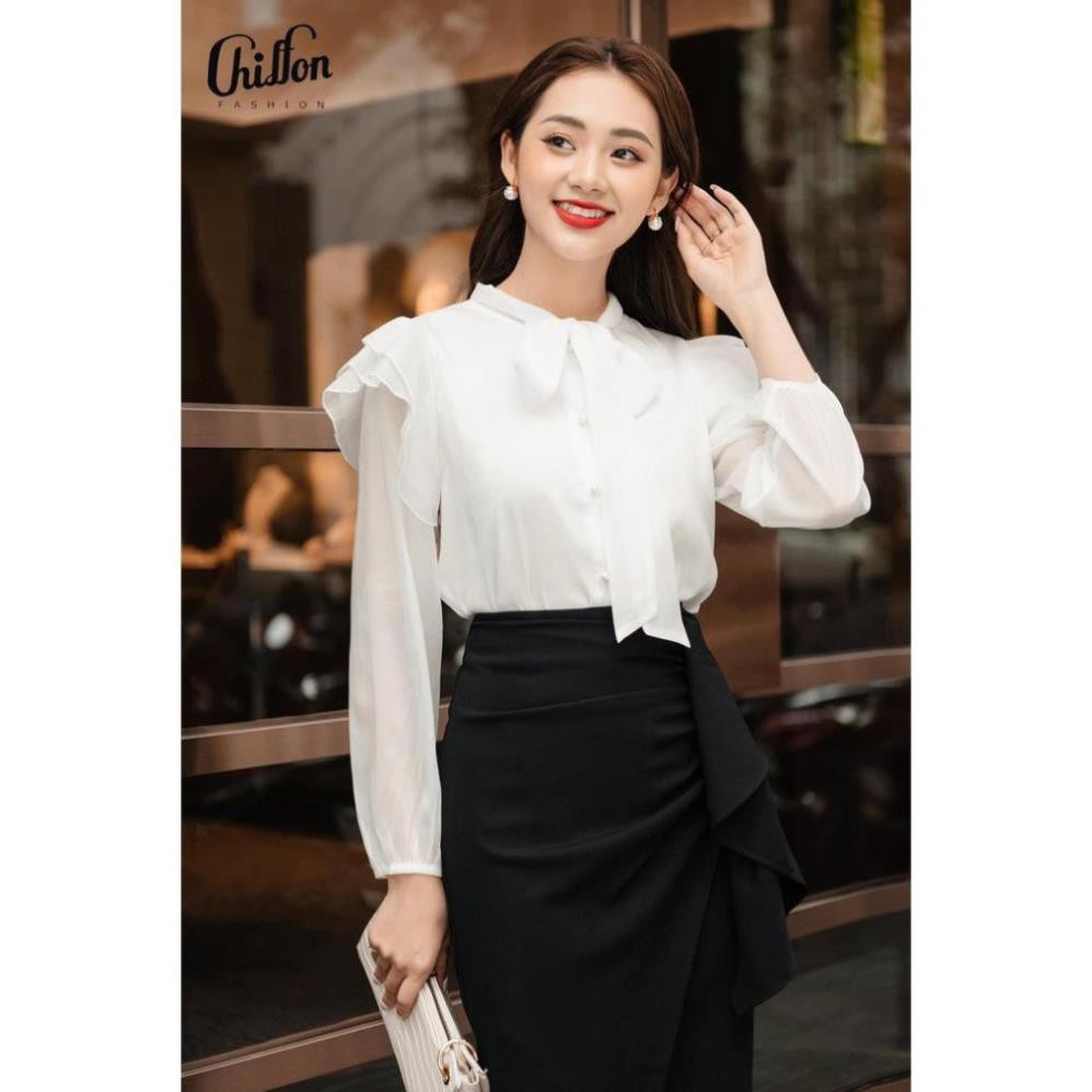Áo sơ mi bèo vai cổ nơ dài tay chất tơ óng- áo sơ mi công sở nữ 087