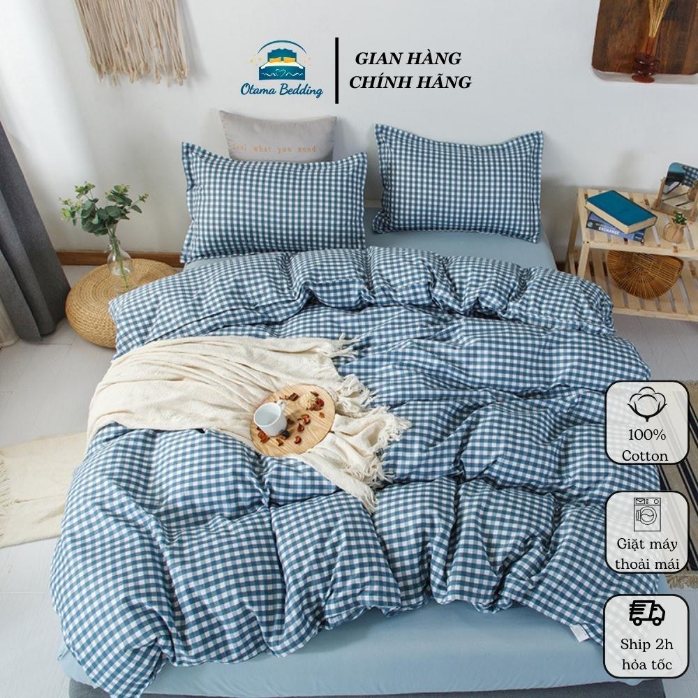 Bộ chăn ga gối đệm 4 món cotton poly mềm mại thoáng mát họa tiết caro xanh dương Otama Bedding đủ size 1m6 1m8 2m