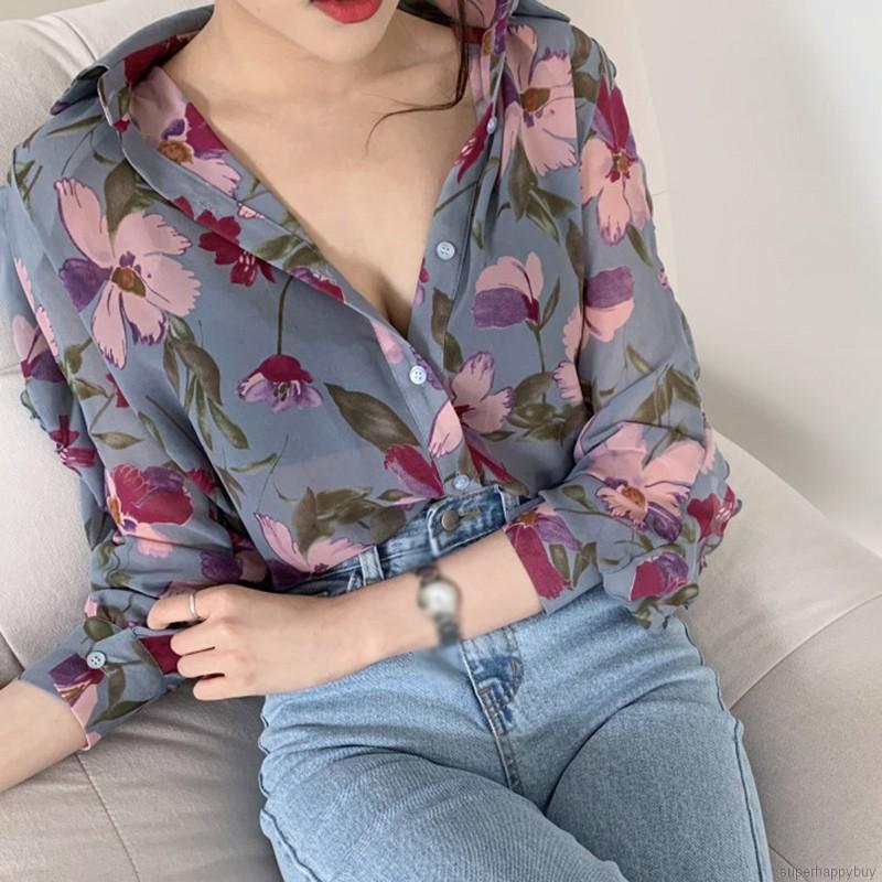 Áo Sơ Mi Chiffon Nữ Tay Dài In Hoa Độc Đáo Thời Trang