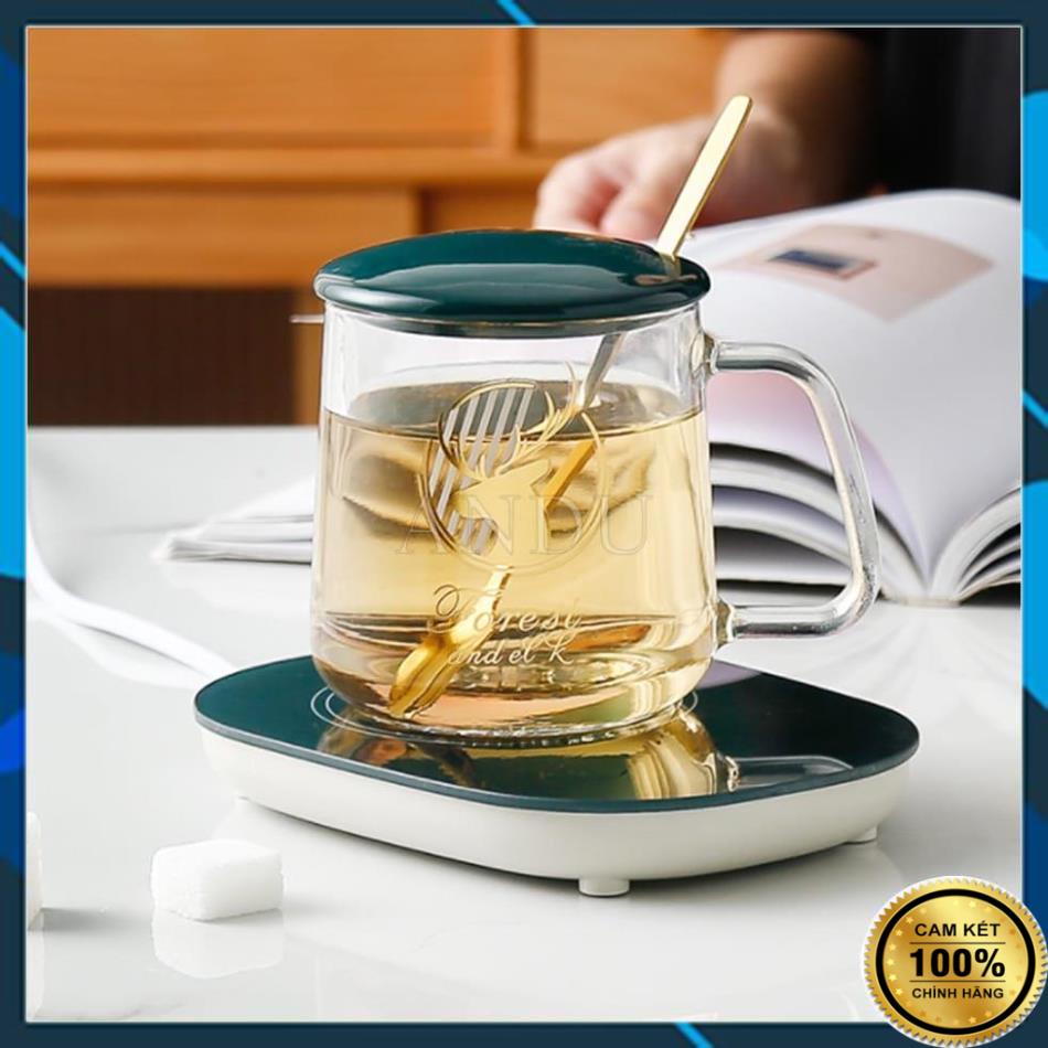 Bộ Ly Thủy Tinh Làm Nóng Trà Cafe Tự Động LUCKY, Bộ Cốc Hâm Nóng Đồ Uống Sang Chảnh Tặng Thìa Mạ Vàng Cao Cấp
