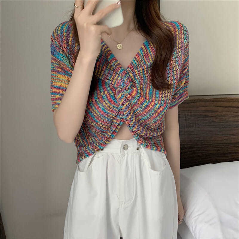 áo croptop nữ Áo Len NgắN Tay Cổ Chữ v Phong CáCh HàN QuốC 2022 Cho Nữ JL-TX-188