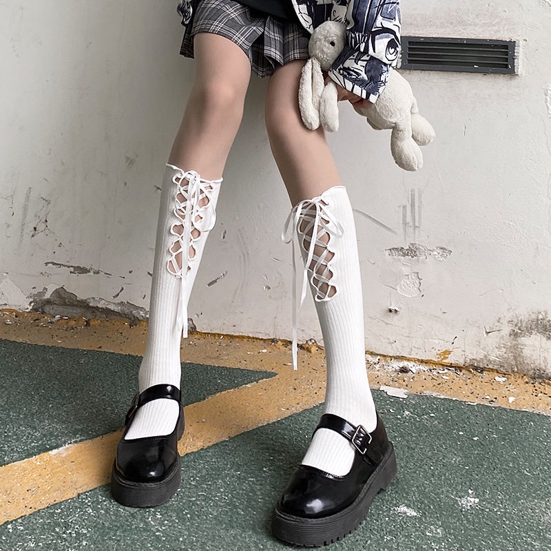 Jiashucheng Vớ Ống Lửng Phối Dây Chéo Màu Trắng Đen Phong Cách Lolita Dễ Thương Thời Trang Xuân Thu Cho Nữ
