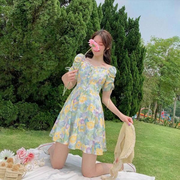 Đầm Chữ a Tay Ngắn Cổ Vuông Màu Xanh Lá In Họa Tiết Hoa Phong Cách Pháp Thời Trang Cho Nữ