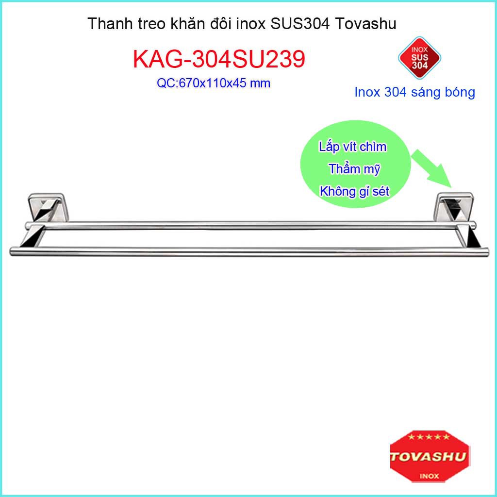 Thanh treo khăn Tovashu KAG-304SU239, máng khăn nhà tắm inox SUS304 Nhật cao cấp đế vuông sang trọng