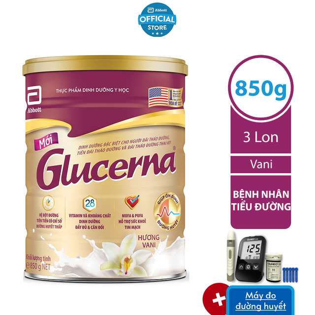 [Nhập GRO1AB521 giảm 4%] [Tặng Máy đo đường huyết] Bộ 03 lon Sữa bột cho người tiểu đường Glucerna 850g/lon