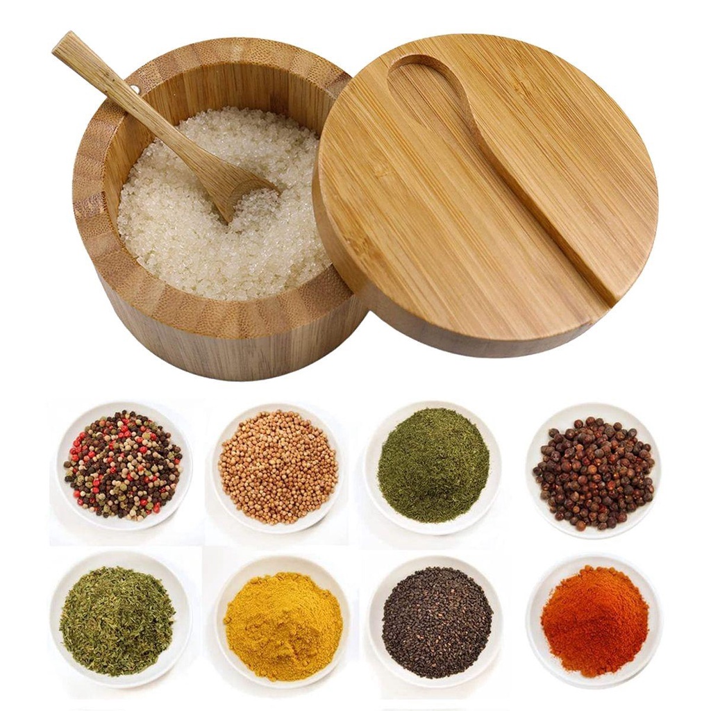 Hộp Đựng Gia Vị Bằng Tre Kèm Muỗng Tiện Dụng Cho Gia Đình
