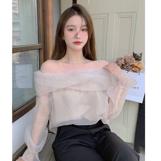 QKOOLE Áo trễ vai  dài tay phong cách Hàn Quốc cho nữ