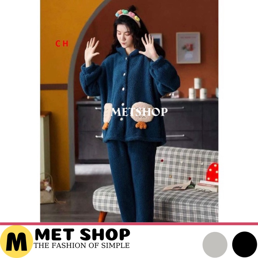 Sét bộ ngủ mùa đông lông cừu túi chân vịt ấm áp, bộ đồ thu đông mặc nhà giữ nhiệt tốt, đồ ngủ nữ hàn quốc.