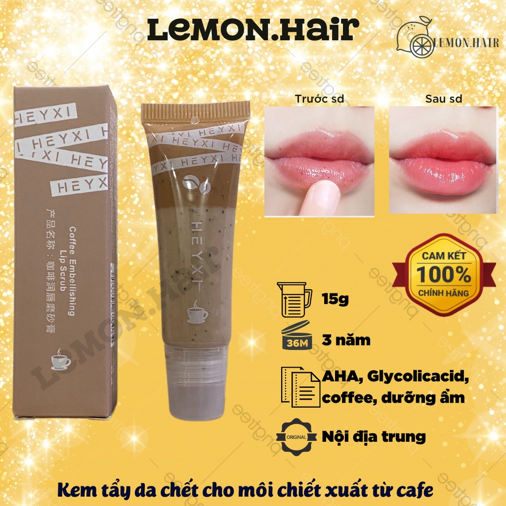 Tẩy tế bào chết môi HEYXI Coffee Lip Scrub 15g dưỡng ẩm, tẩy da chết môi cafe lemon.hair