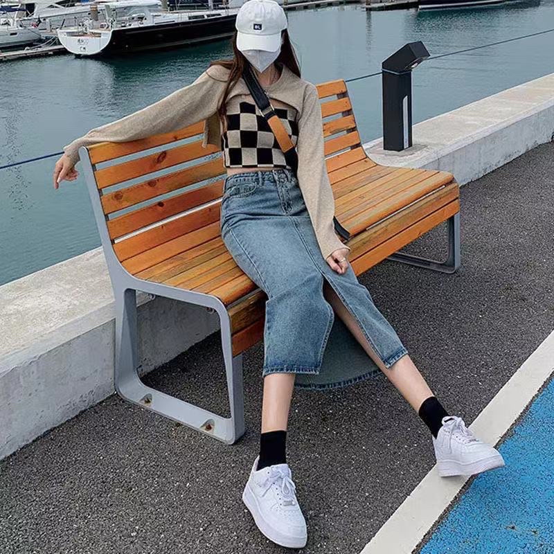 Chân Váy Jean Bò Nữ Xẻ Ở Giữa Phong Cách Uzzang