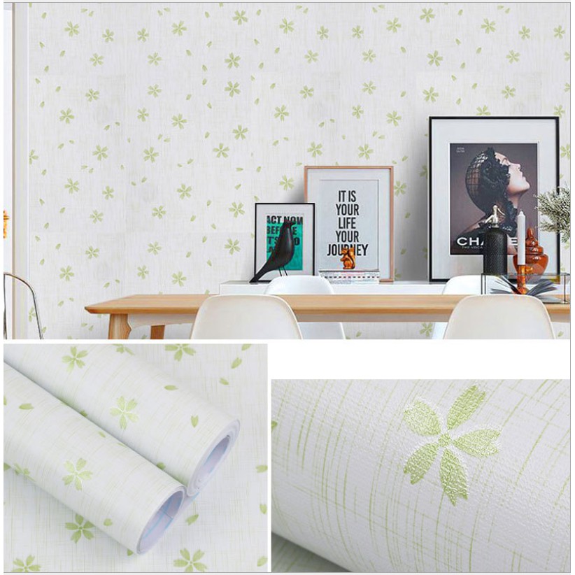 Cuộn 10m decal giấy dán tường khổ 45cm keo sẵn mẫu HOA NĂM CÁNH XANH NHỎ