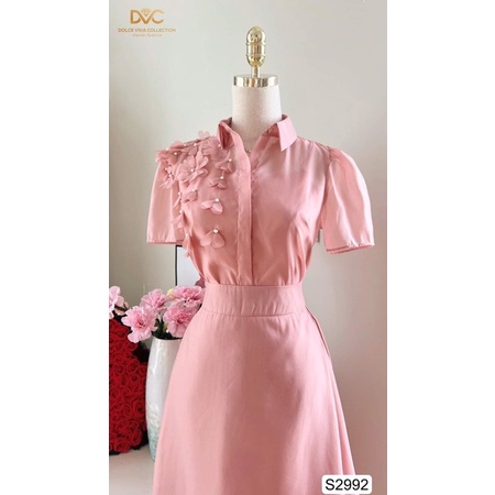 S2992 - set áo sơ mi voan và chân váy voan xoè màu hồng