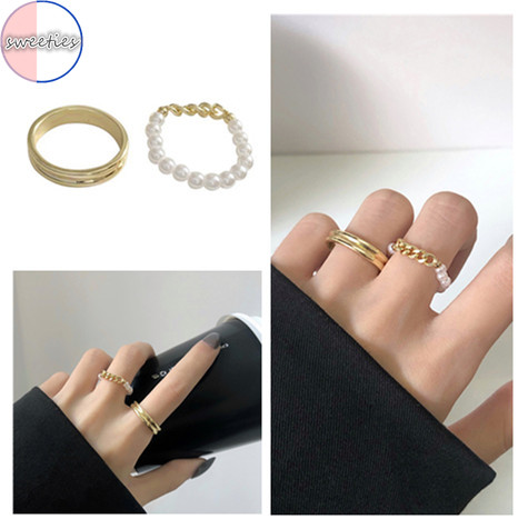 Set 2 nhẫn nữ đính ngọc trai giả thời trang