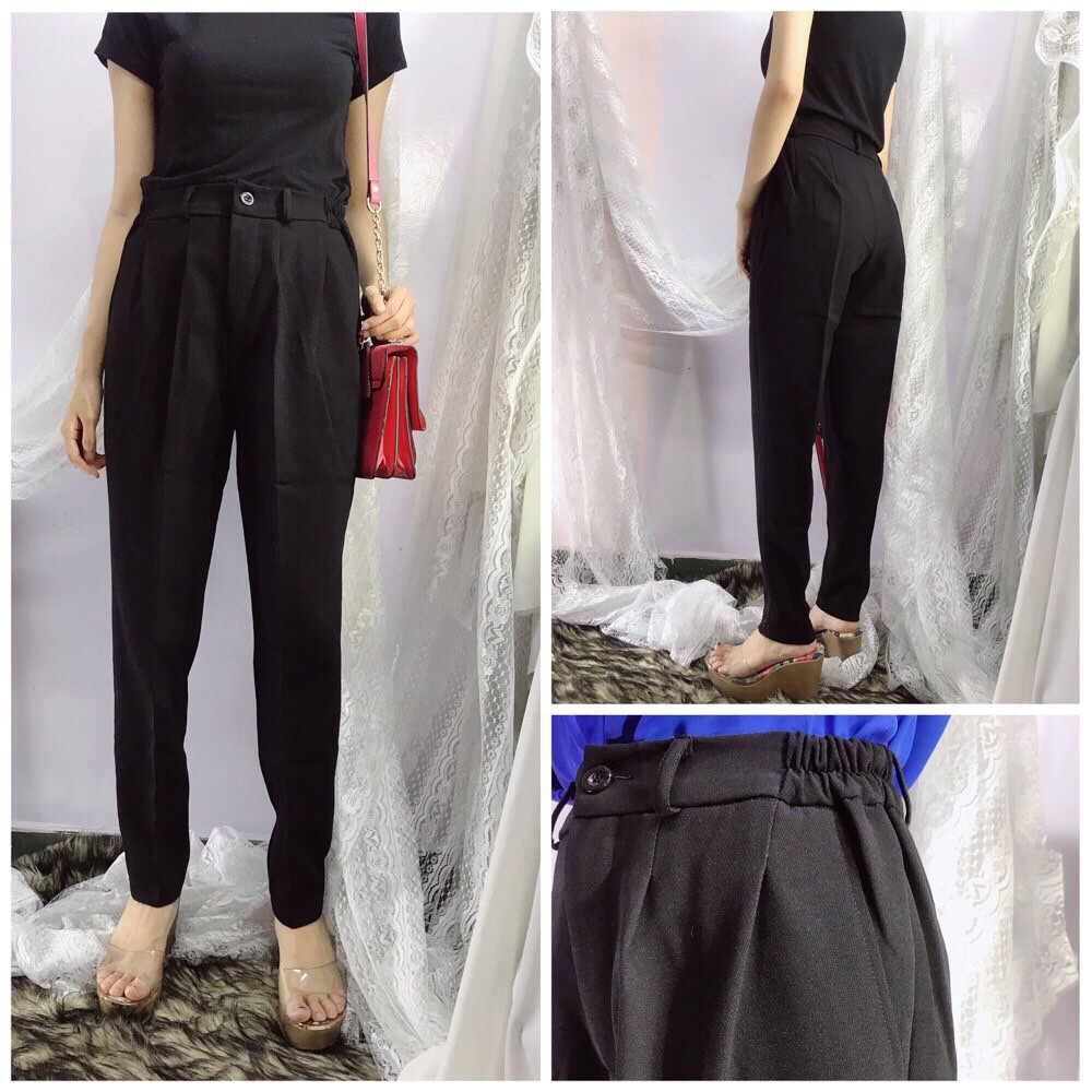 Quân tây nữ baggy lưng thun, quần tây vải tuyết mưa form chuẩn màu đen có bigsize | BigBuy360 - bigbuy360.vn