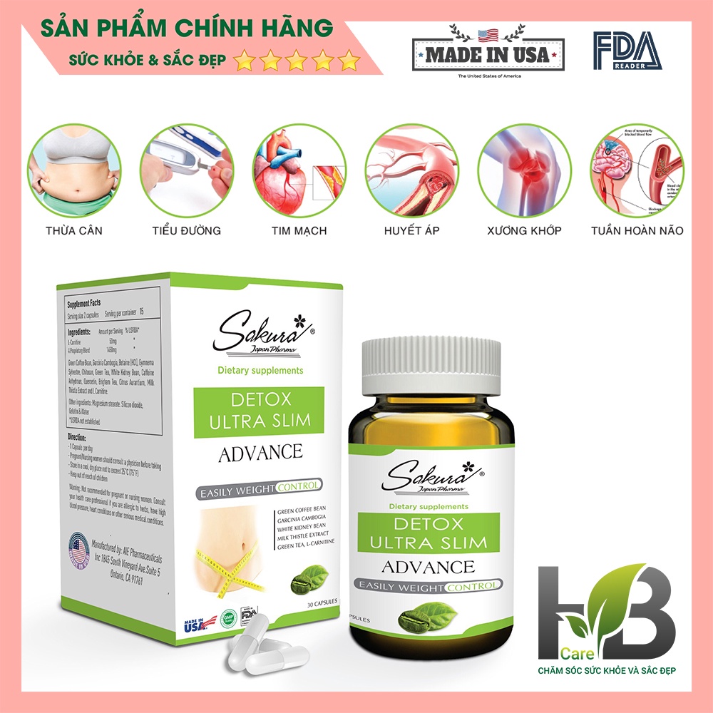 Viên uống giảm cân Sakura Detox Ultra Slim Advance, giúp thải độc tố, tan mỡ và giảm cân an toàn