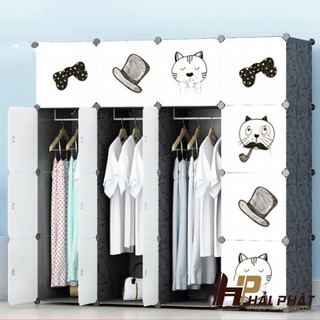 Tủ nhựa lắp ghép đa năng 16 ô sâu 47cm hình mèo đeo kính thân đen