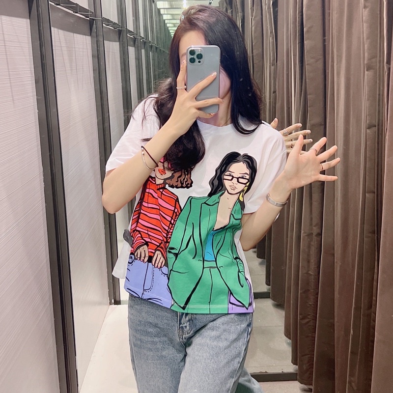 Áo Phông Nữ Hình 2 Cô Gái Dáng Rộng Cộc Tay