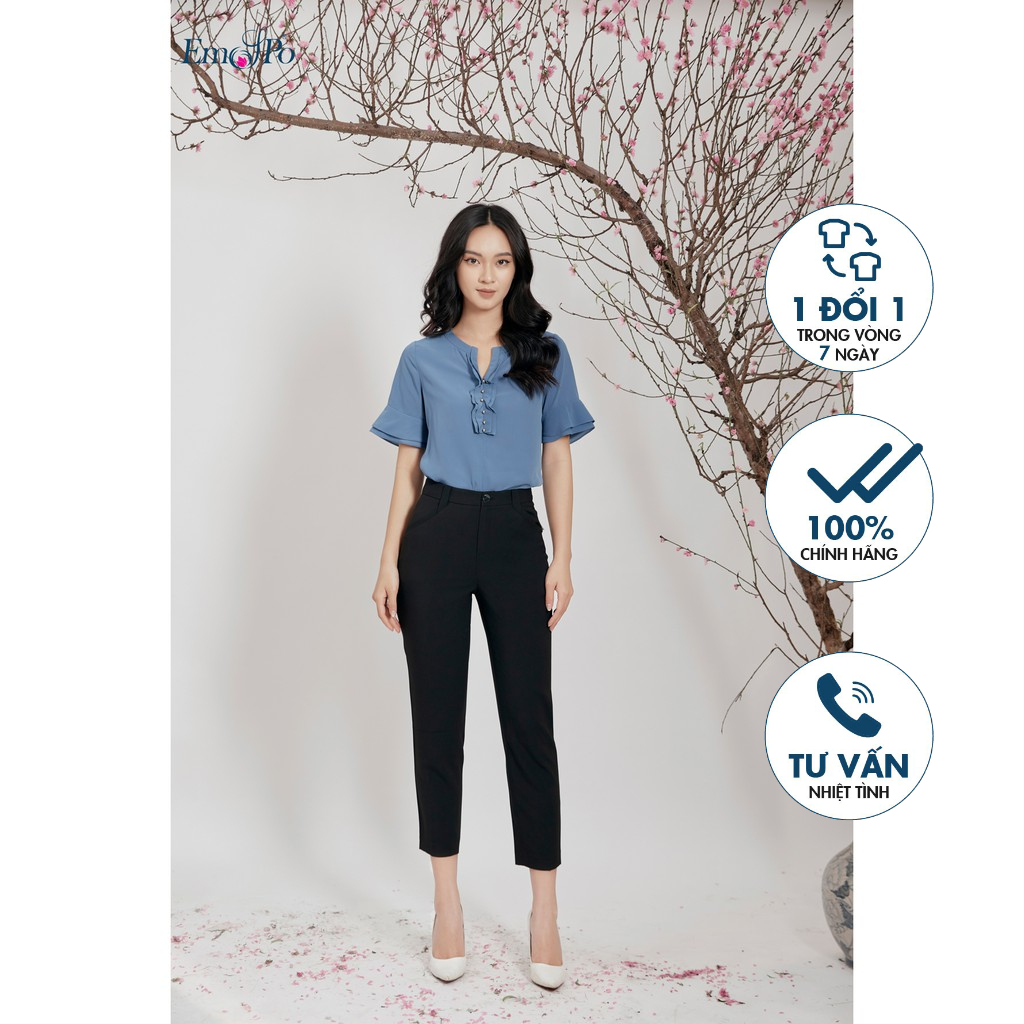 Áo sơ mi cổ tròn xẻ V, trang trí bèo nhúm Emspo SMS2431 (Xanh, Trắng)