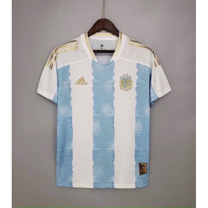 ÁO BÓNG ĐÁ 2023( FREESHP, mẫu ARGENTINA,sọc vàng quần có túi 👉Bản SPF thái Lan, vải mè lưới caro thấm hút mồ hôi,