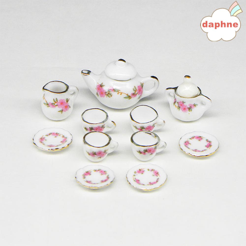 DAPHNE 11pcs Kit Dollhouse Accessories Kitchen Dining Ware Porcelain Tea Cup Set Toys with|Trim Floral Pattern Home Decoration Chic Style 1/6 1/12 Miniature