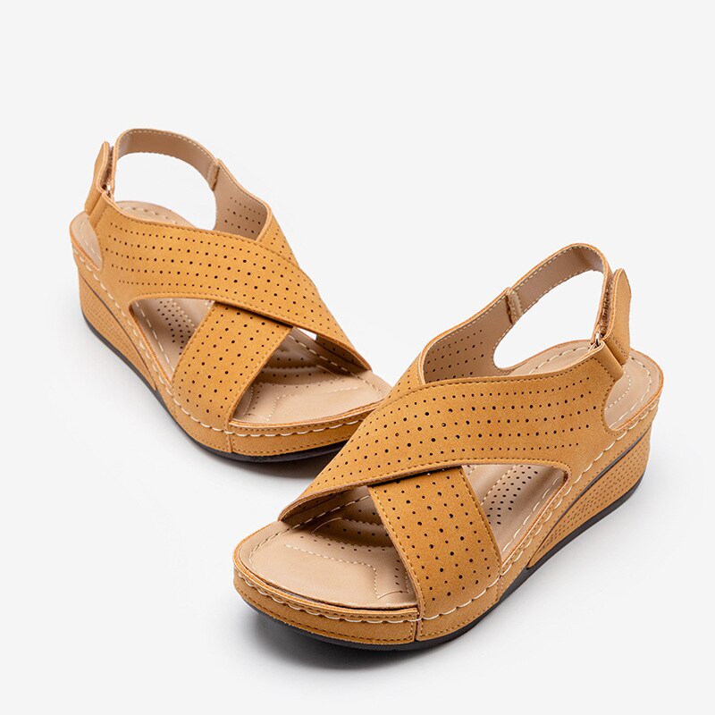 Giày sandal đế xuồng bằng da PU phong cách cổ điển thoải mái cho nữ