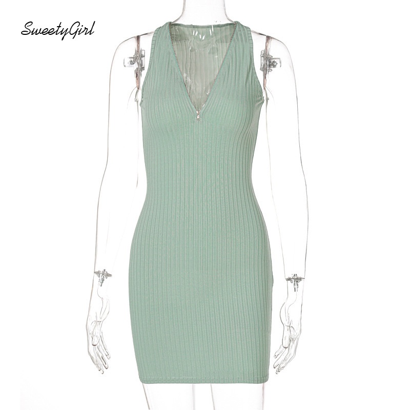 Đầm Mini Sát Nách Dáng Ôm Cổ Chữ V Phối Khóa Kéo Màu Trơn Thời Trang Cho Nữ